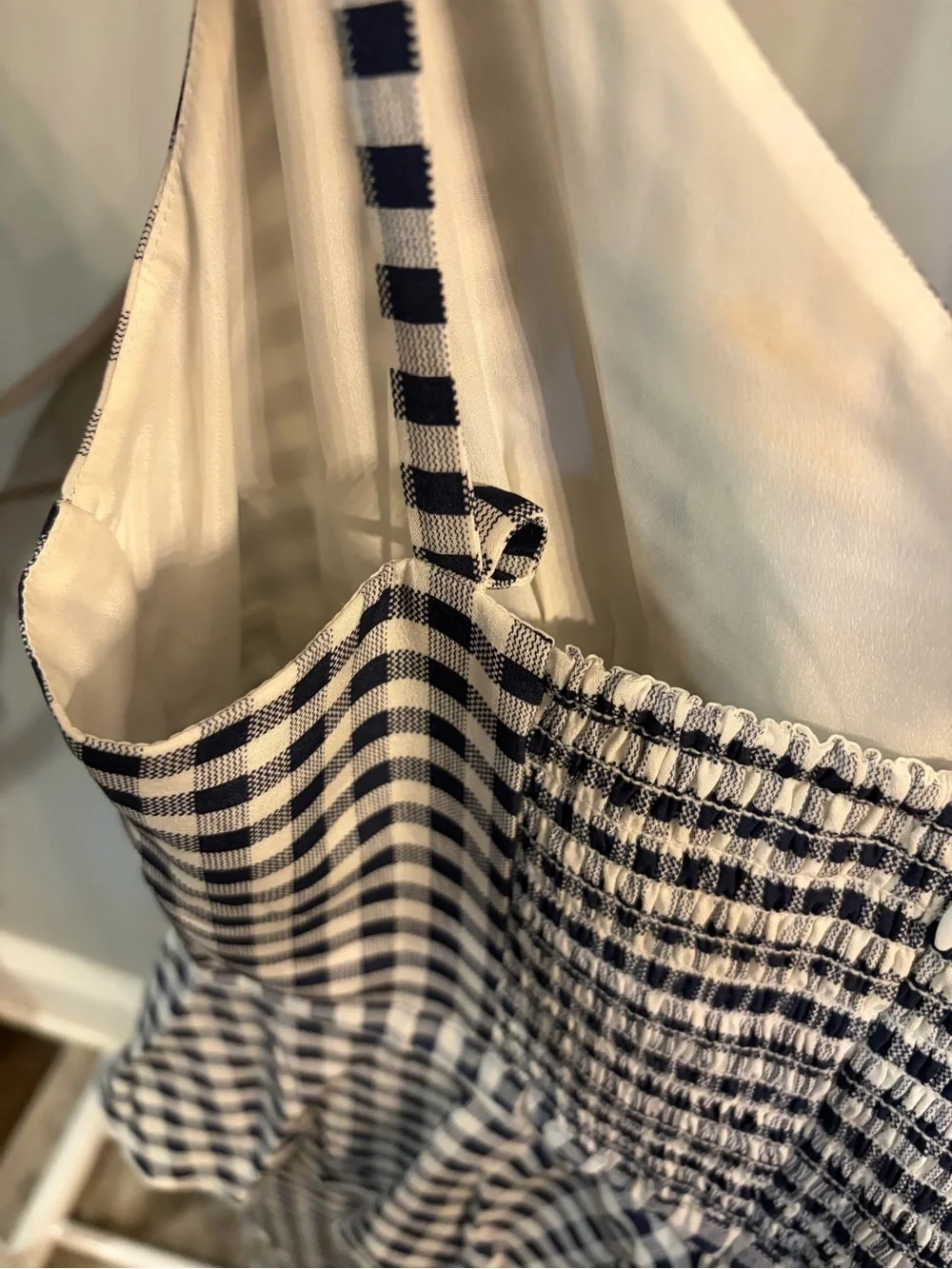J. Crew Navy and White Gingham Ruffle Midi silk Dress size 6